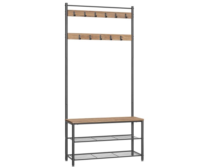 ACAZA XL Staand Garderoberek - Kapstokken in Hout en Metaal - Staande Kapstok met Schoenerek en Bankje - 12 Haken - 100x40x186cm - Vintage - Zwart / Bruin - Kapstok Expert