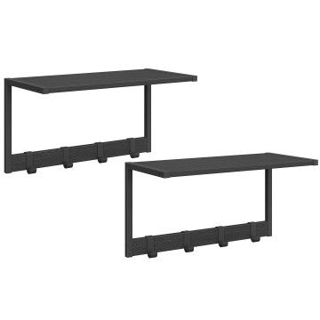 Kapstok - wandplank - wandrek - set van 2 - 4 verwijderbare haken - 50 x 24 x 26.5 cm - zwart Kapstok - wandplank - wandrek - set van 2 - 4 verwijderbare haken - 50 x 24 x 26.5 cm - zwart