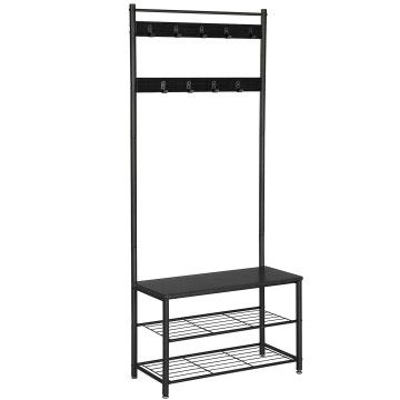 Staande Kapstok met 9 Haken en Schoenenrek - Garderoberek - 70x32x175cm - Zwart Staande Kapstok met 9 Haken en Schoenenrek - Garderoberek - 70x32x175cm - Zwart