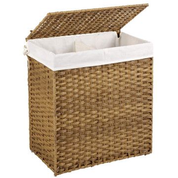 Geweven wasmand - 2 vakken van elk 55 liter - synthetische rotan - 57x60x33 cm - bruin Geweven wasmand - 2 vakken van elk 55 liter - synthetische rotan - 57x60x33 cm - bruin