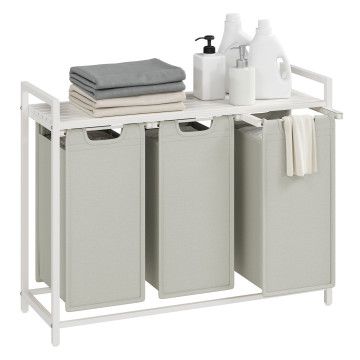 Wasmand 3 Vakken - Wasverzamelaar met Plank - Wasbox - Waszak van Oxford-stof - Uitneembaar - metalen Frame, 3 x 38 L - 92,5 x 33 x 72 cm - Wit Wasmand 3 Vakken - Wasverzamelaar met Plank - Wasbox - Waszak van Oxford-stof - Uitneembaar - metalen Frame, 3 x 38 L - 92,5 x 33 x 72 cm - Wit