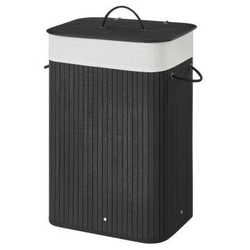 Wasmand met deksel - bamboe - katoenen zak - 72 liter - 40x60x30 cm - zwart Wasmand met deksel - bamboe - katoenen zak - 72 liter - 40x60x30 cm - zwart