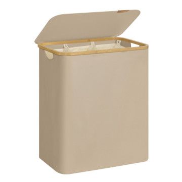 Wasmand 3 vakken - wasmand met deksel - 150 L - bamboe - 60 x 38,5 x 70,5 cm - zandkleur Wasmand 3 vakken - wasmand met deksel - 150 L - bamboe - 60 x 38,5 x 70,5 cm - zandkleur