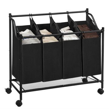 Mobiele wasmand - 4 vakken van elk 35 liter - 81 x 88 x 39 cm - zwart Mobiele wasmand - 4 vakken van elk 35 liter - 81 x 88 x 39 cm - zwart