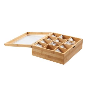 Theedoos - met transparant deksel - 12 vakken - bamboe Theedoos - met transparant deksel - 12 vakken - bamboe