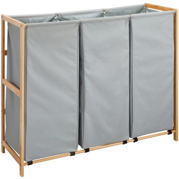 Houten wasmand - 180 liter - 3 vakken- 99.5x82.5x38.5 - ruwe stof - grijs Houten wasmand - 180 liter - 3 vakken- 99.5x82.5x38.5 - ruwe stof - grijs