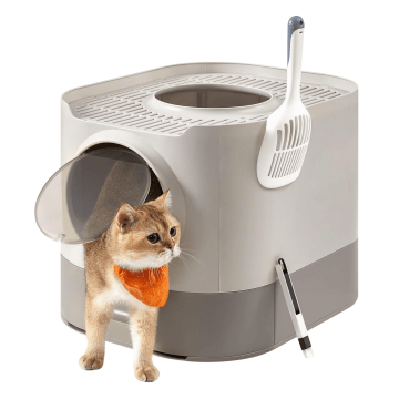 Kattenbak - kattentoilet - 54 x 42.8 x 40 cm - warm grijs - met schep en borstel - kattenbakken Kattenbak - kattentoilet - 54 x 42.8 x 40 cm - warm grijs - met schep en borstel - kattenbakken