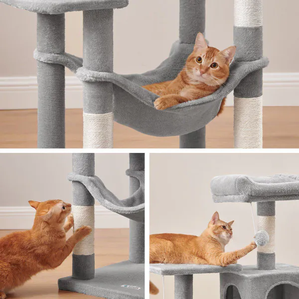 Feandrea grote krabpaal, 206 cm hoog, XXL krabpaal, met 13 krabpalen, 2 platforms, 2 grotten, mand, hangmat, pluche ballen, kattenkrabpaal met meerdere verdiepingen, lichtgrijs PCT190W01