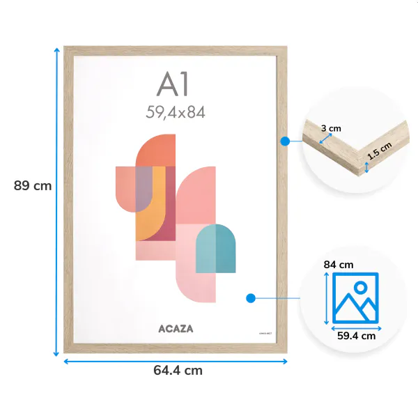 HOHIYO A1 Houten fotolijst, posterlijst, puzzellijst A1 (59,4 x 84,1 cm), van eiken met papieren passe-partout, A2 (59,4 x 84,1 cm) en onbreekbaar plexiglas om op te hangen, natuurlijk hout