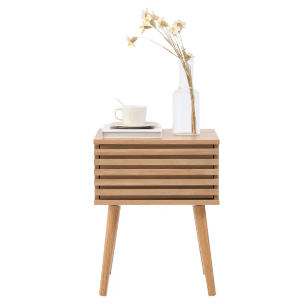 COSTWAY 2-delig set Nachtkastje Rattan, bijzettafel met lade, nachtkastje, nachtkonsole, salontafel voor slaapkamer, woonkamer, eiken, 40 x 40 x 55 cm