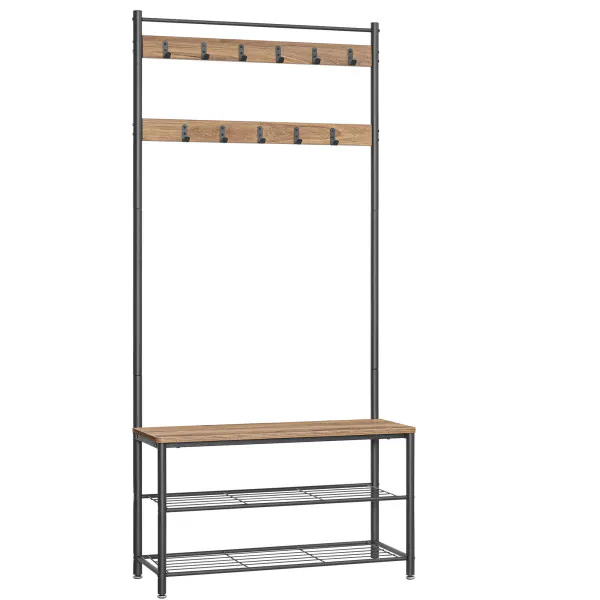HOOBRO Kapstok Schoenbank Set, kledingrek met 9 haken, schoenenrek met zitting, kapstok met bank, veel opbergruimte, metalen frame, Industrieel ontwerp, vintage bruin-zwart EBF17MT01