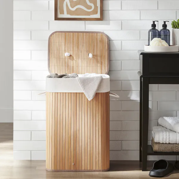 SONGMICS Bamboe wasmand, opvouwbare wasbak met deksel en uitneembare katoenen waszak, 72 L