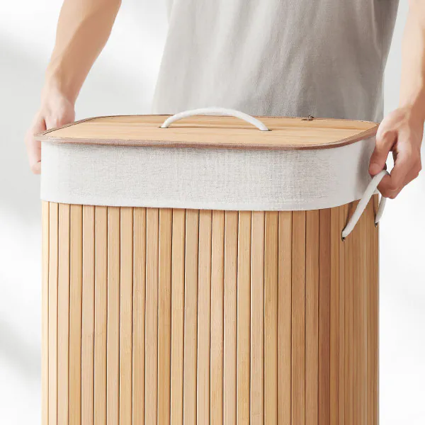 Bamboe Wasmand met Deksel - Opvouwbare Wasbox van 72 L met Uitneembare