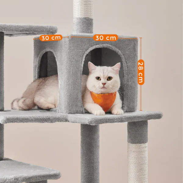 Globlazer kattenboom xxl 195 cm hoog met 2 kattenhuis, 2 Zitstang gevoerde, groot Hangmat 50 * 33CM, Mand, stabiele Krabpaal voor katten Volwassen Rusten spelen Binnen (F76, Lichtgrijs