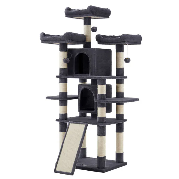PAWZ Road Grote krabpaal 11cm dikke stammen met extreem grote dubbele grot volledig fisaal bedekt geschikt voor grote katten 114 cm hoog zwart grijs