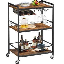 GOPLUS Serveerwagen met lade en kast, oprolbare keukentrolley, bijzetwagen met verstelbare scheidingswand, 2 wielen met rem, van hout, landelijke stijl, voor keuken, restaurant (zwart
